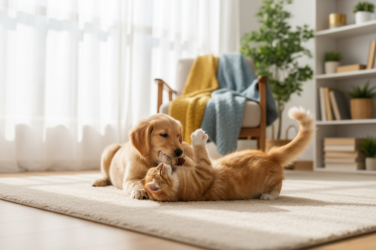 Love, Play, and Comfort
Tail-Wagging Style For Your Furry Friend 4k hd image fo dog and cat playing no text written on it